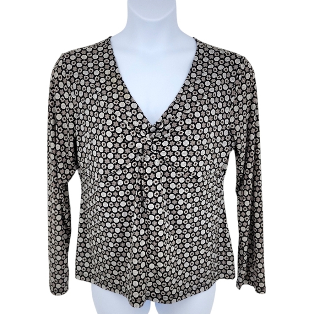 East 5th Womens Black Gray Geometric Floral VNeck Long Sleeve Y2K Blouse Size XL